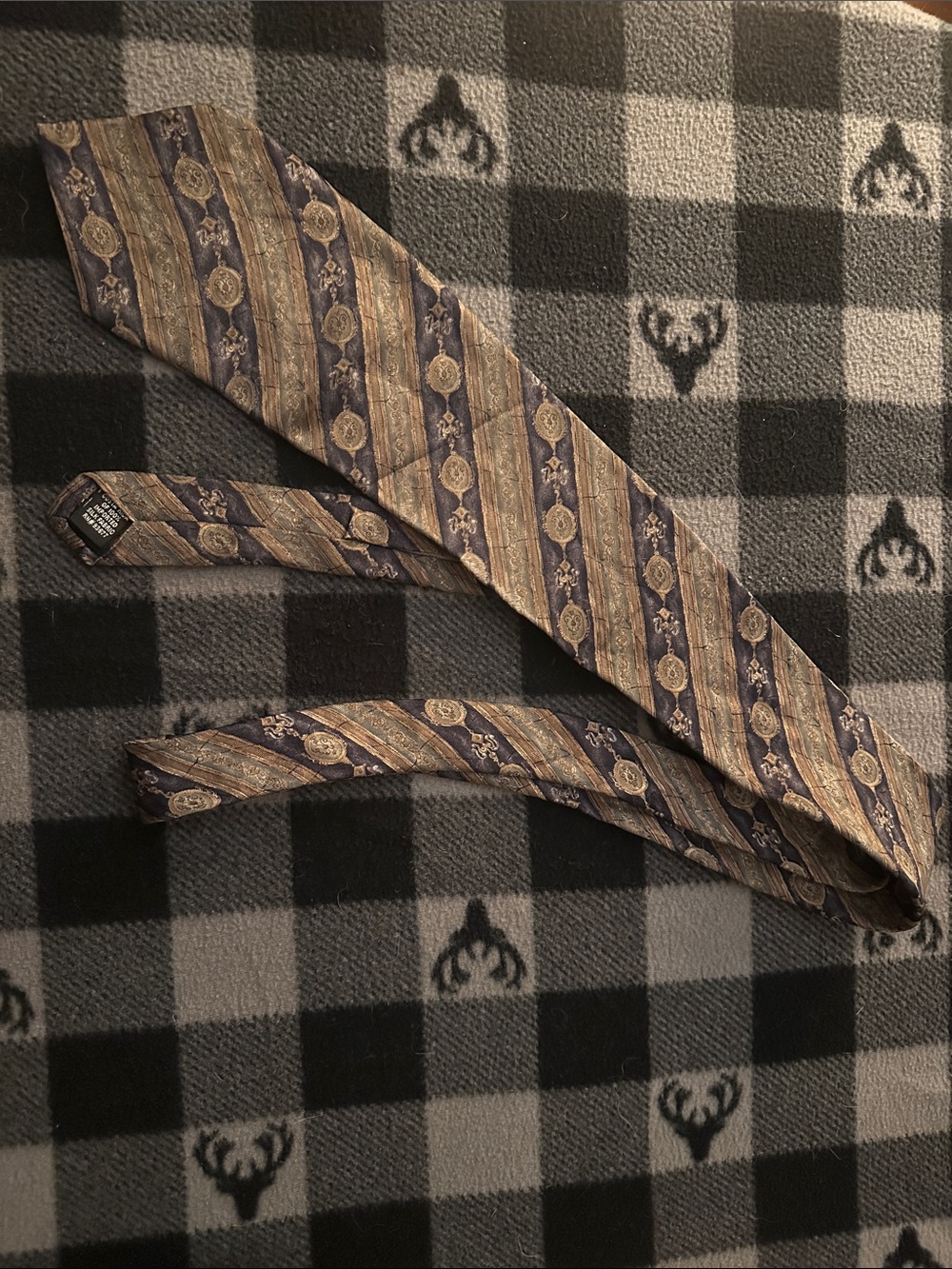 Stafford Striped Medallion Tie in Brown, Navy and Gold